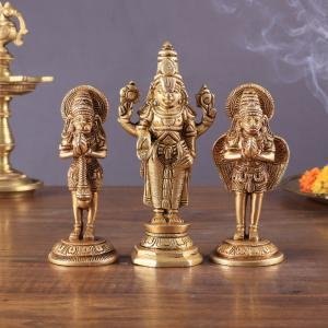 Brass Tirupati Balaji, Garuda & Hanuman Trio 5.5" | Divine Idols Set | Blessings, Protection & Devotion | Handcrafted Spiritual Ambiance | Home Temple Decor